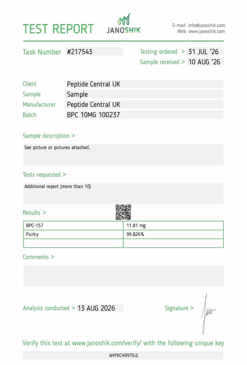 Janoshik Analytical certificate of analysis for BPC-157 10mg, batch 100237