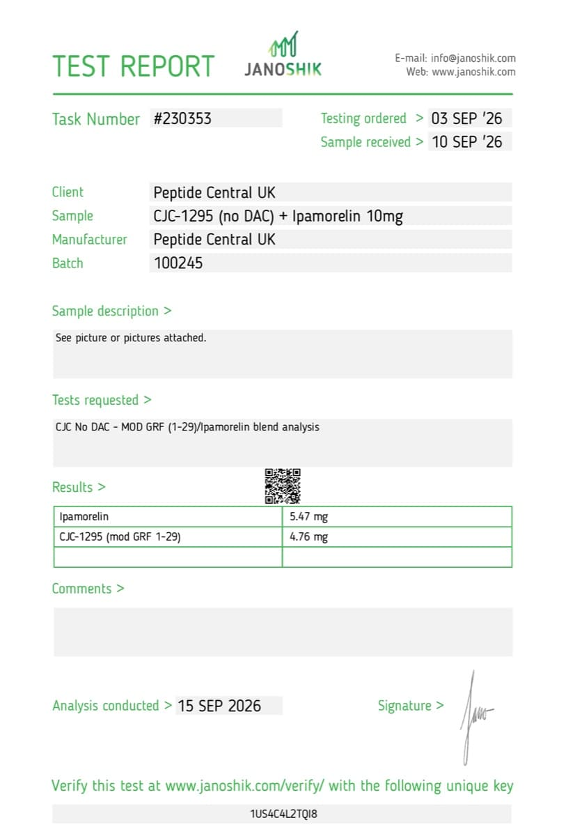 Janoshik Analytical certificate of analysis for CJC-1295 + Ipamorelin 10mg, batch 100245