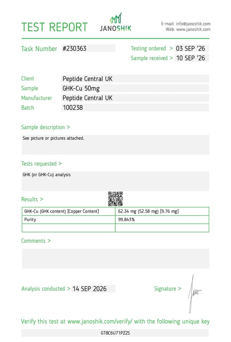 Janoshik Analytical certificate of analysis for GHK-Cu 100mg, batch 100238