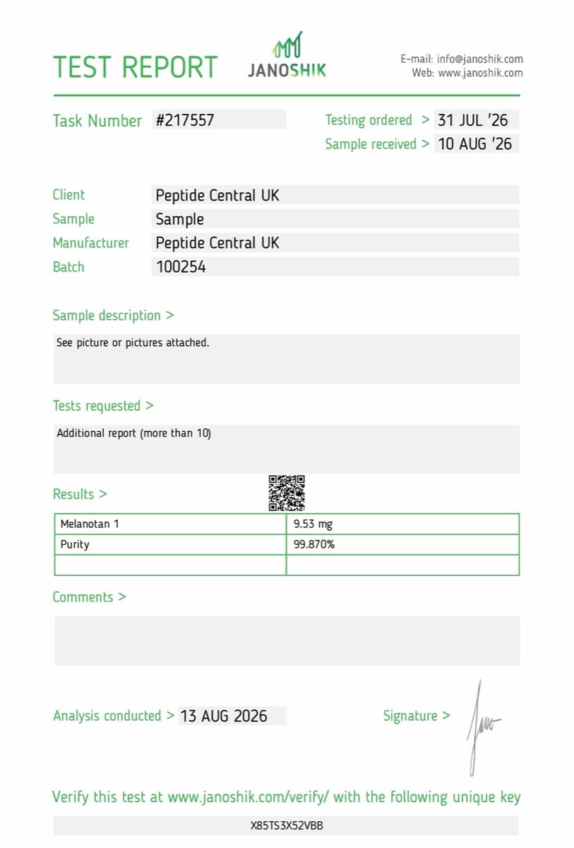 Janoshik Analytical certificate of analysis for Melanotan I 10mg, batch 100254