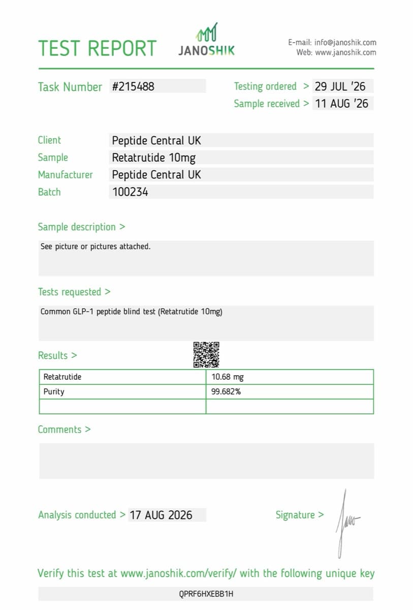 Janoshik Analytical certificate of analysis for Retatrutide 10mg, batch 100234