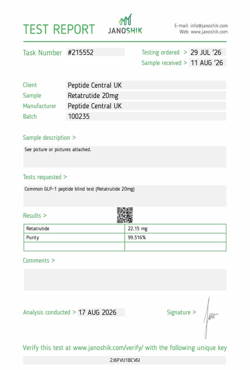Janoshik Analytical certificate of analysis for Retatrutide 20mg, batch 100235