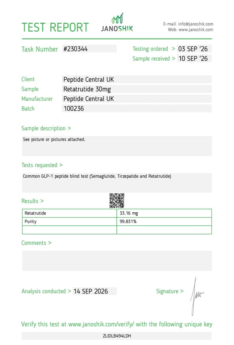 Janoshik Analytical certificate of analysis for Retatrutide 30mg, batch 100236