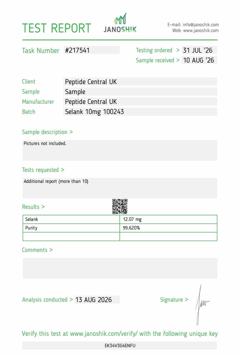 Janoshik Analytical certificate of analysis for Selank 10mg, batch 100243
