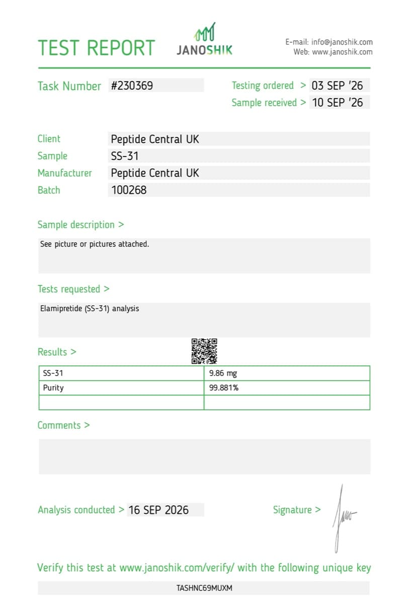 Janoshik Analytical certificate of analysis for SS-31 10mg, batch 100268