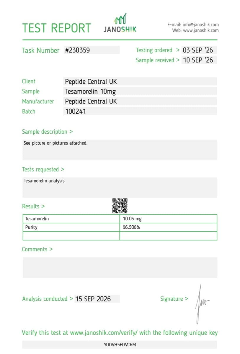 Janoshik Analytical certificate of analysis for Tesamorelin 10mg, batch 100241