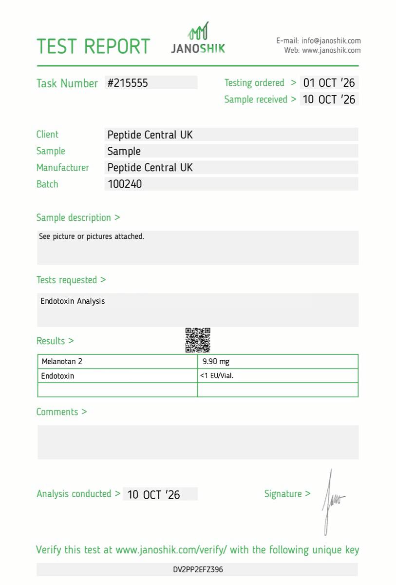 Endotoxin test results for Melanotan II 10mg, batch 100240