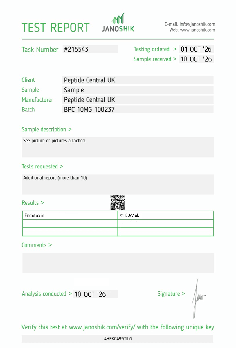 Endotoxin test results for CJC-1295 + Ipamorelin 10mg, batch 100245
