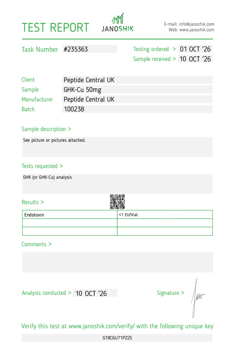 Endotoxin test results for GHK-Cu 100mg, batch 100238