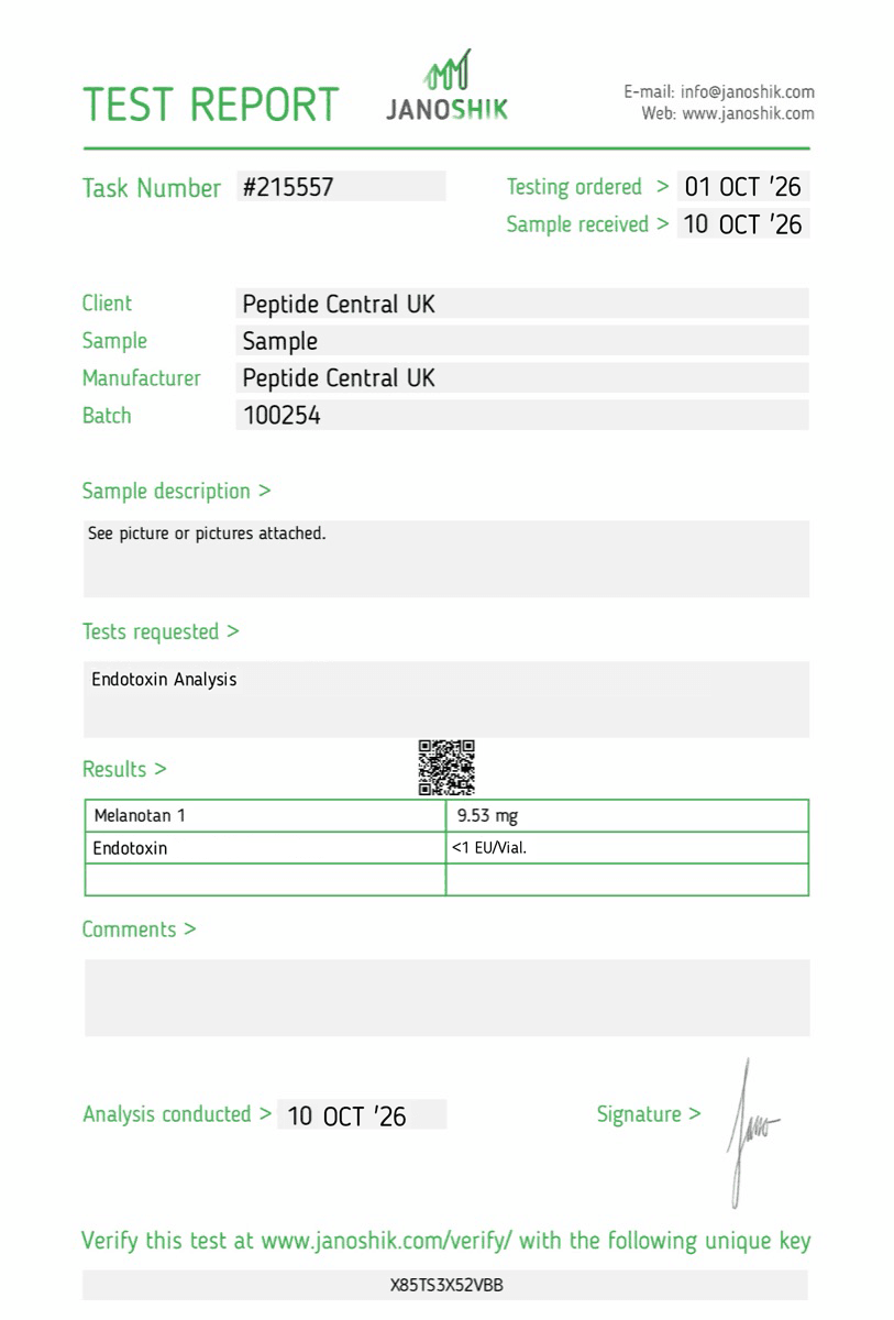 Endotoxin test results for Melanotan I 10mg, batch 100254