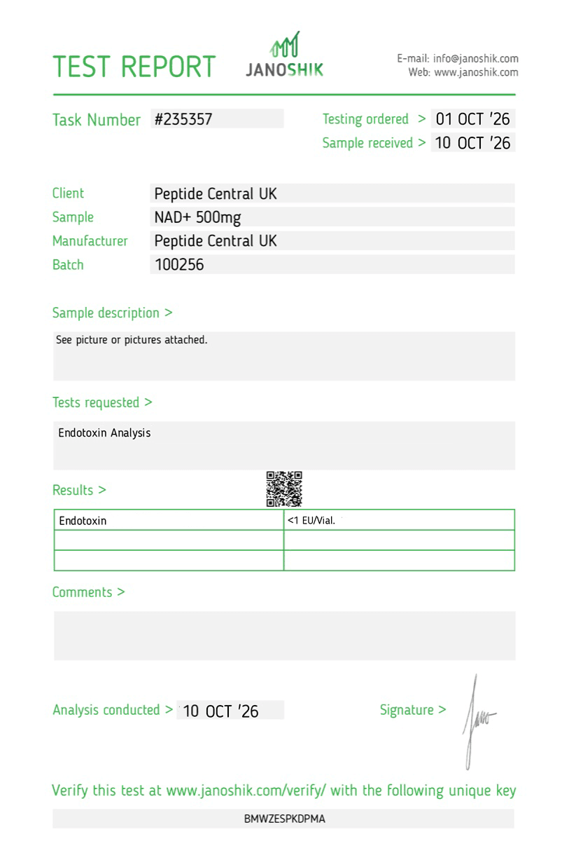 Endotoxin test results for NAD+ 500mg, batch 100256