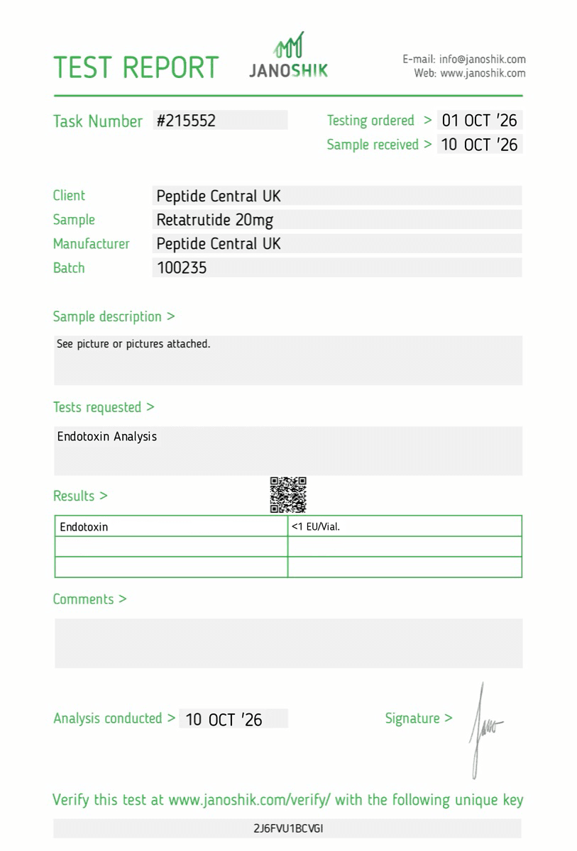 Endotoxin test results for Retatrutide 20mg, batch 100235