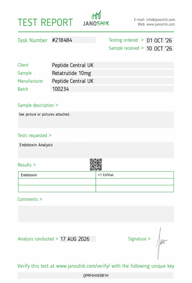 Endotoxin test results for Retatrutide 10mg, batch 100234