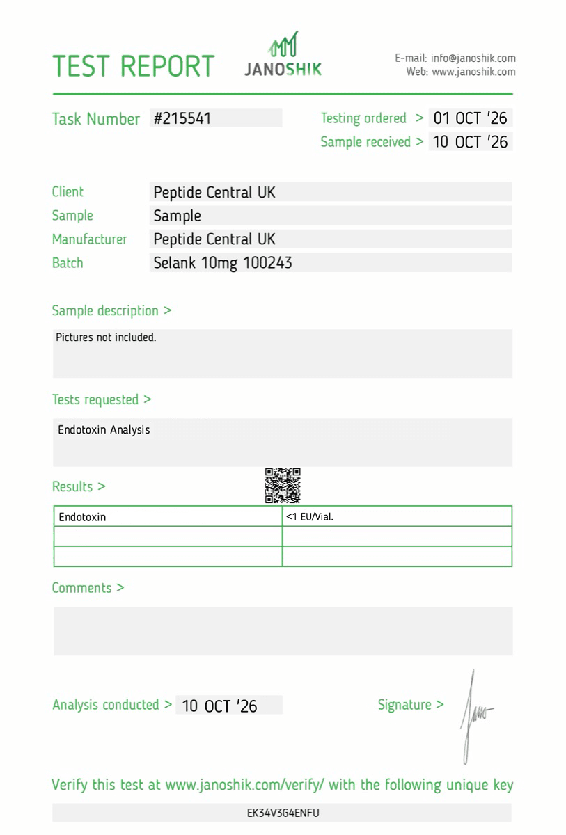 Endotoxin test results for Selank 10mg, batch 100243
