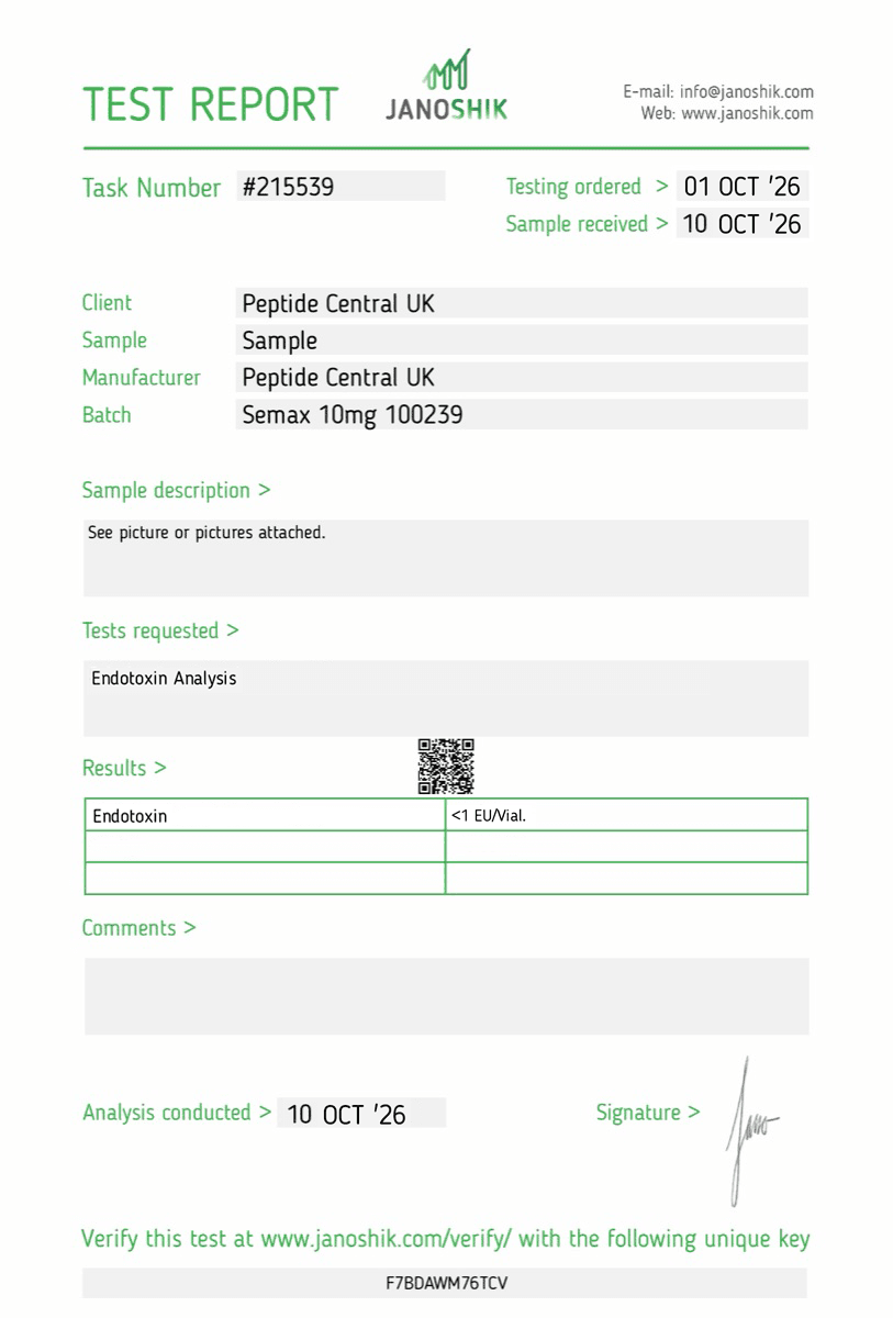 Endotoxin test results for Semax 10mg, batch 100239