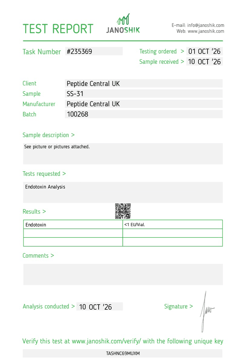 Endotoxin test results for SS-31 10mg, batch 100268