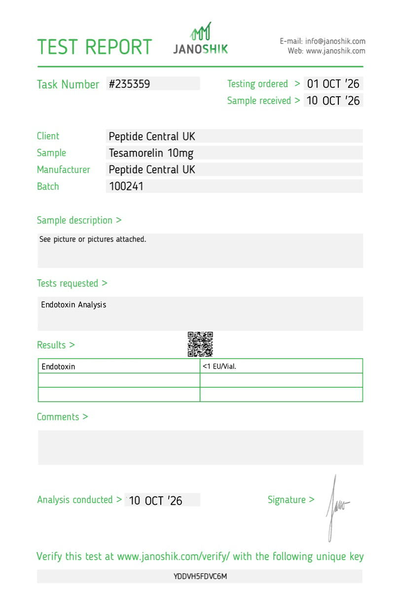 Endotoxin test results for Tesamorelin 10mg, batch 100241